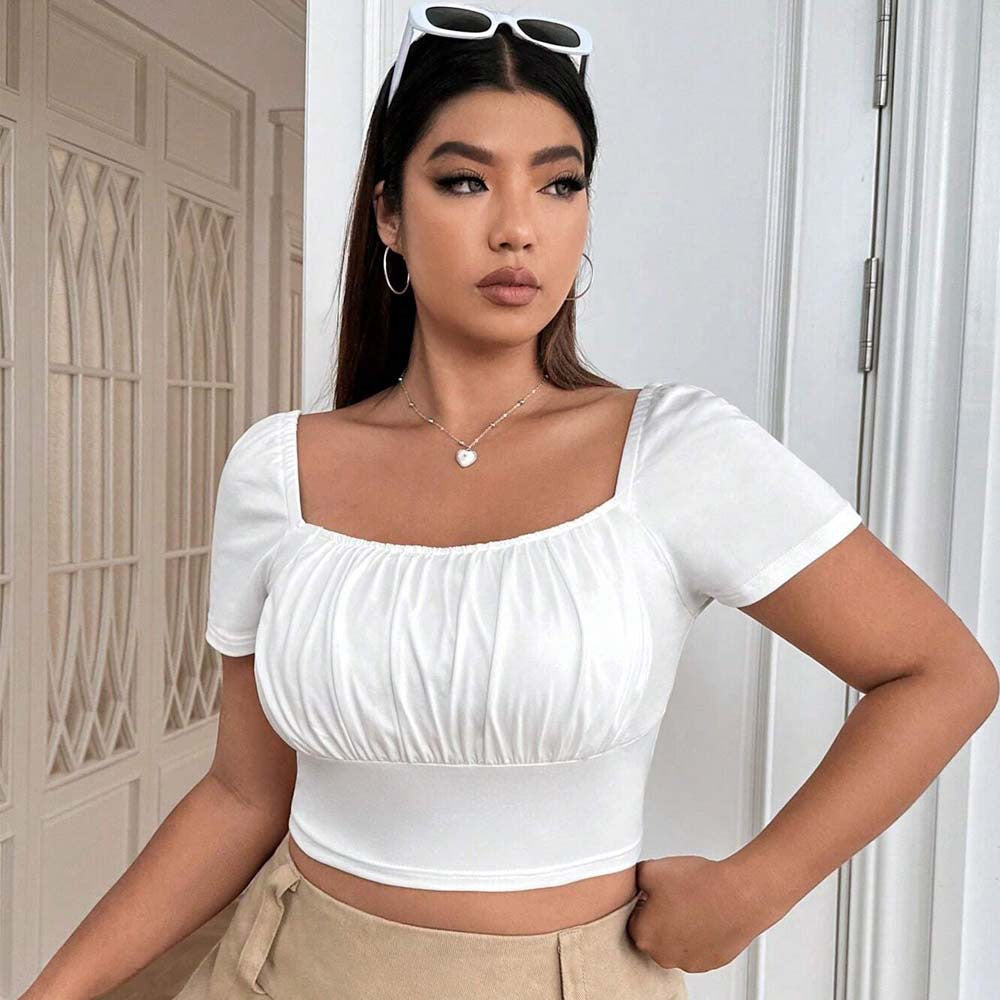 Damen Crop-Top mit gerafftem Design und nostalgischen Puffärmeln R&B