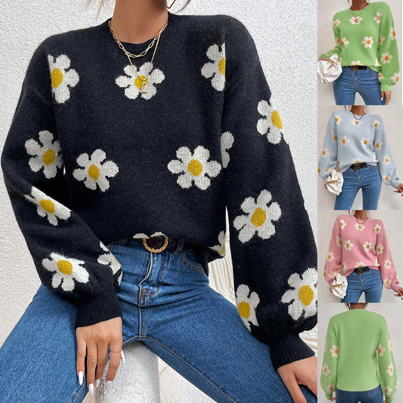 Damen Pullover mit floralem Muster und voluminösen Ärmeln