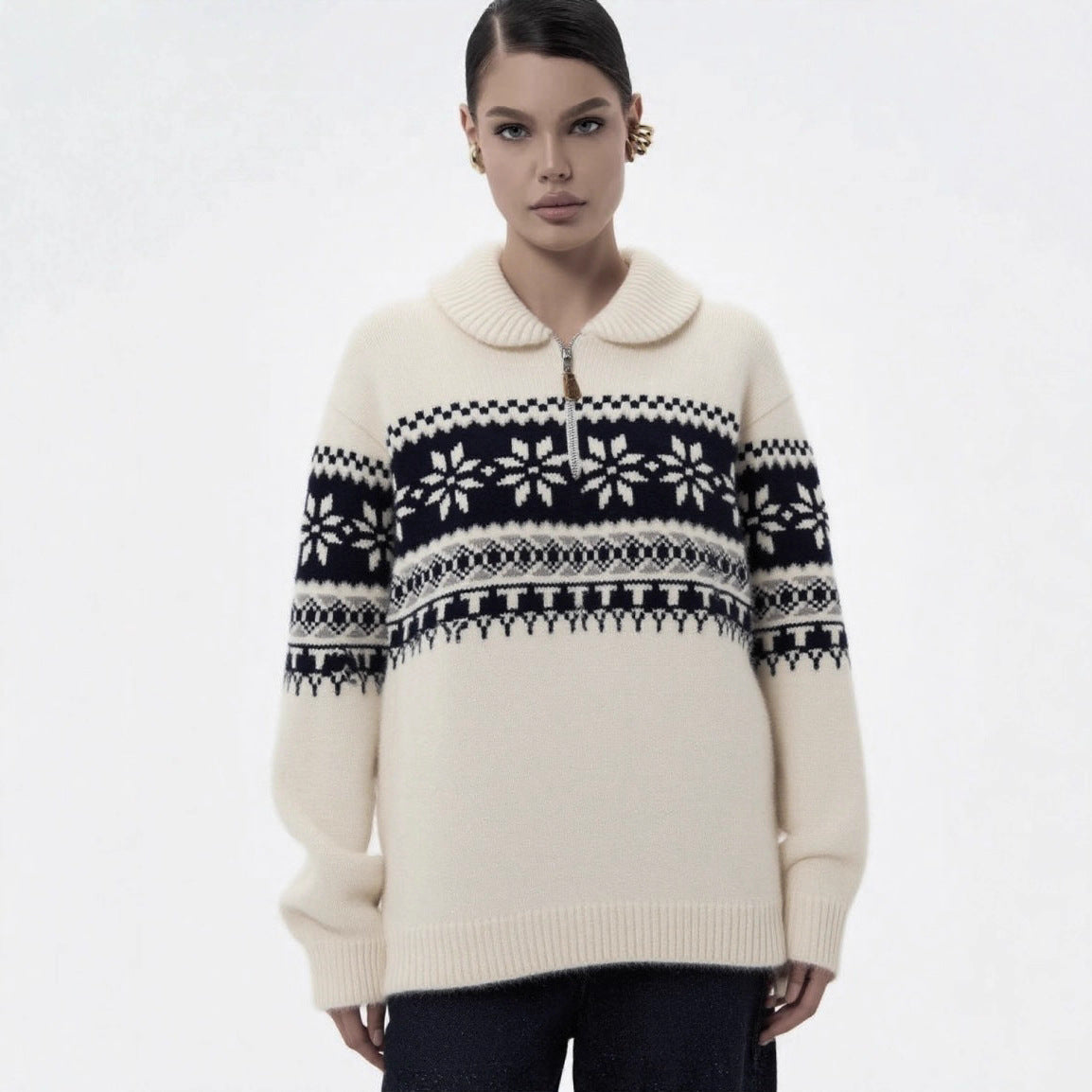 Damen gestrickter Pullover mit Halskragen und Modischem Norweger-Muster R&B