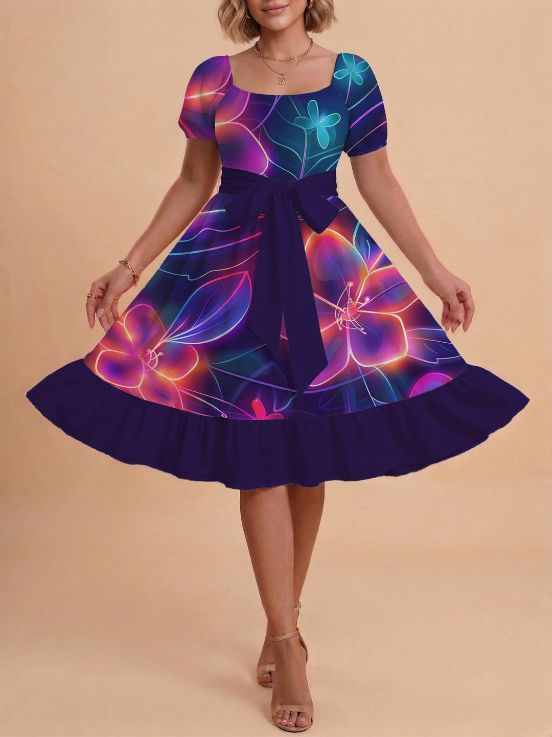 Damen Sommerkleid mit floralem Puffärmel und taillierbarem Gürtel R&B