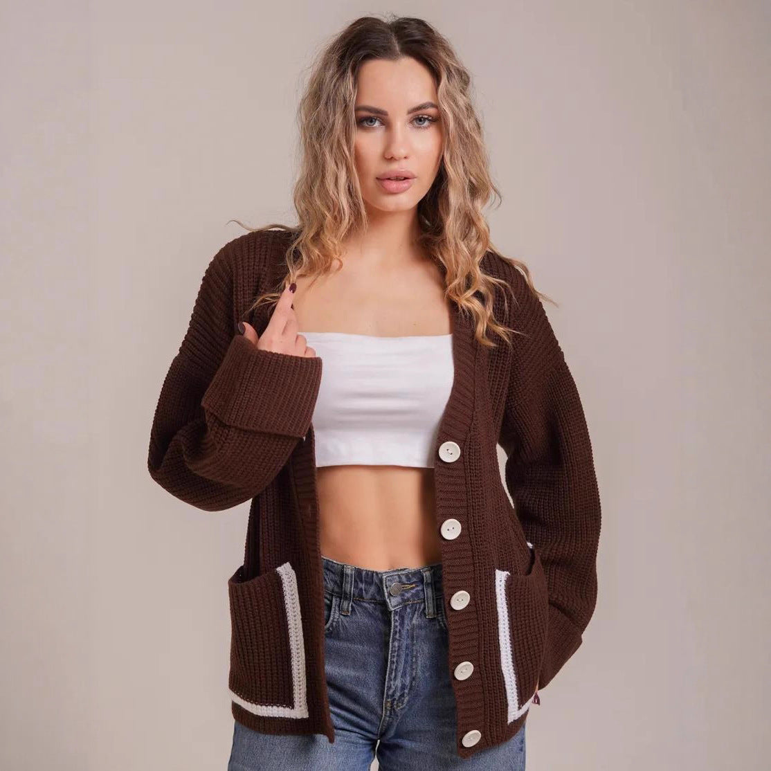 Damen Lässiger Strickcardigan mit tiefem V-Ausschnitt und praktischen Taschen R&B