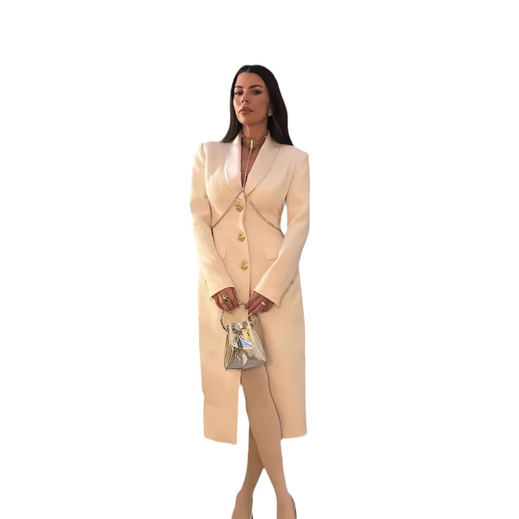 Damen Eleganter Langmantel mit goldenen Knöpfen und klassischem Schnitt R&B