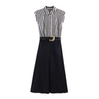 Damen Jumpsuit mit elegantem Streifenmuster und dekorativem Gürtel R&B