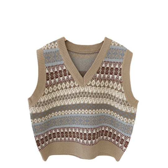 Damen Ärmellose Strickweste mit V-Ausschnitt und Muster R&B