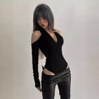 Damen Körperbetonter Langarm-Bodysuit mit tiefem V-Ausschnitt und raffinierten Rüschendetails R&B