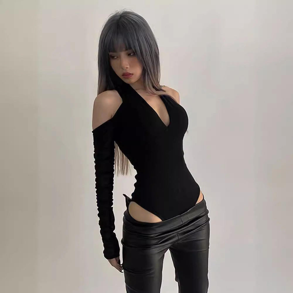 Damen Körperbetonter Langarm-Bodysuit mit tiefem V-Ausschnitt und raffinierten Rüschendetails R&B