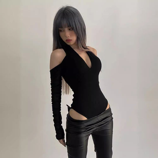 Damen Körperbetonter Langarm-Bodysuit mit tiefem V-Ausschnitt und raffinierten Rüschendetails R&B