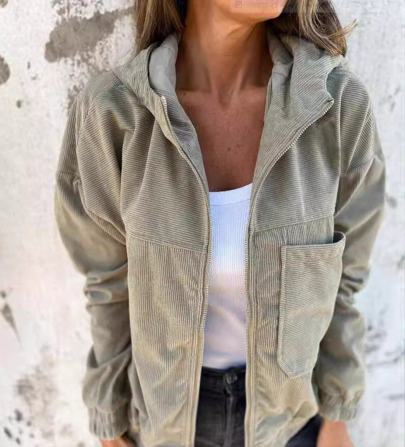 Damen lässige Cordjacke mit praktischen Taschen und elegantem Reißverschluss R&B