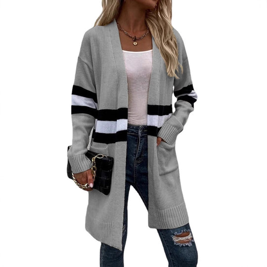 Damen Langarm Strickcardigan mit modernen Streifen und praktischen Taschen R&B