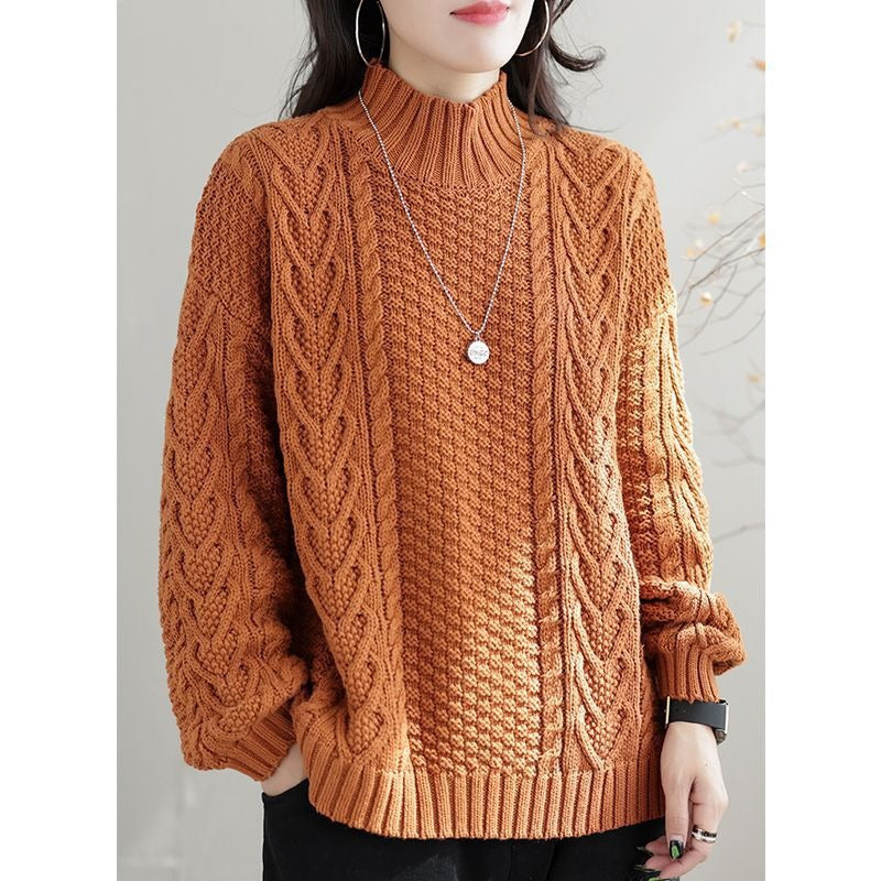 Damen Grobstrickpullover mit hohem Kragen und Zopfmuster R&B