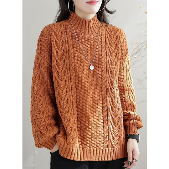 Damen Grobstrickpullover mit hohem Kragen und Zopfmuster R&B