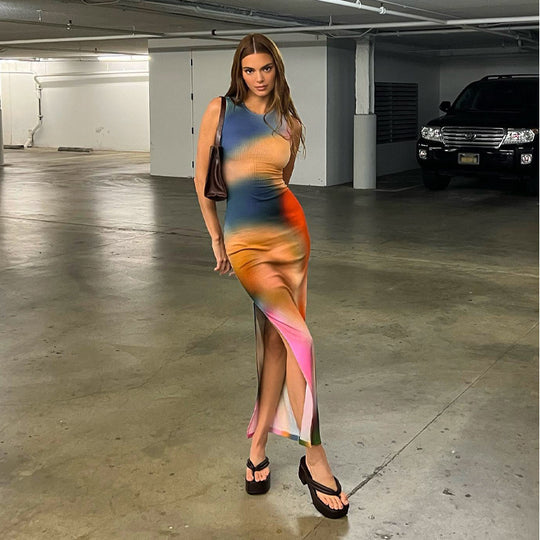 Frauen Abstract Print Bodycon Maxi Kleid R&B