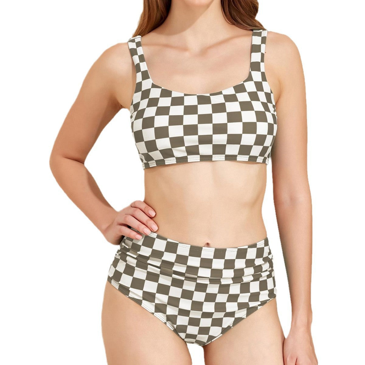 Damen Hochband-Bikini-Set mit kariertem Design R&B