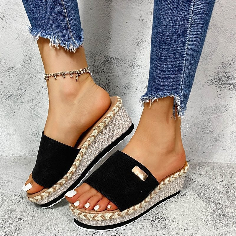 Damen Plateau-Mules mit geflochtenem Bast-Detail und komfortablem Fußbett R&B