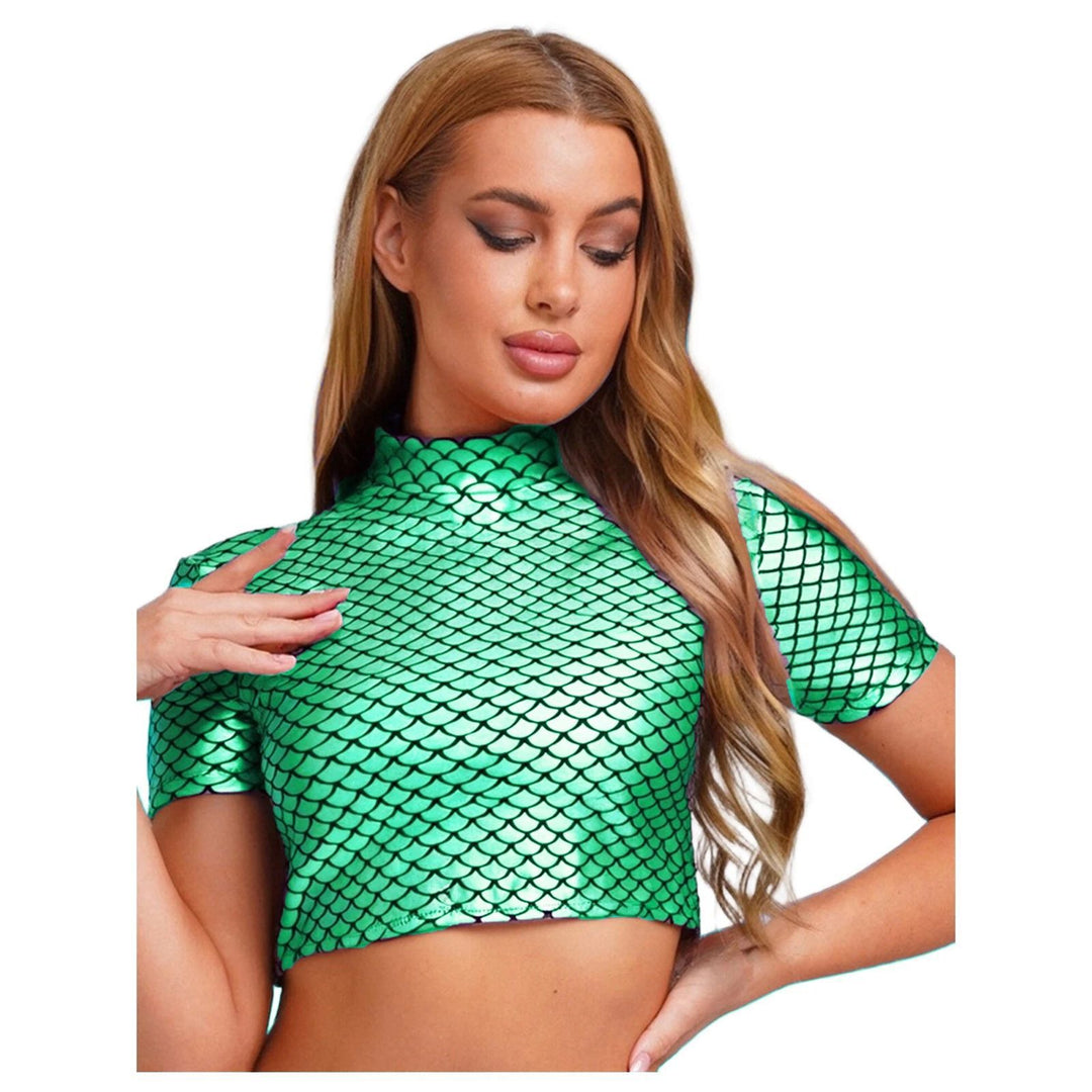 Damen Glitzerndes Cropped Shirt mit schimmerndem Fischschuppen-Muster R&B