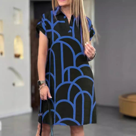 Damen nan geometrisches Shiftkleid mit Polokragen und umgeschlagenen Kurzärmeln R&B