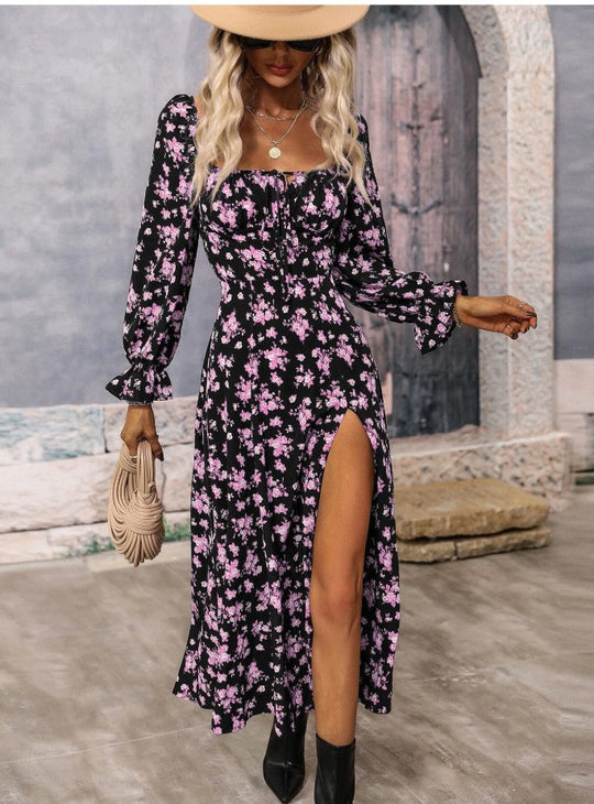 Damen Maxikleid mit tiefem Ausschnitt und Rüschenärmeln R&B