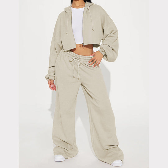 Damen lässiges Fleece-Set mit kurzem Hoodie und weiten Hosen R&B