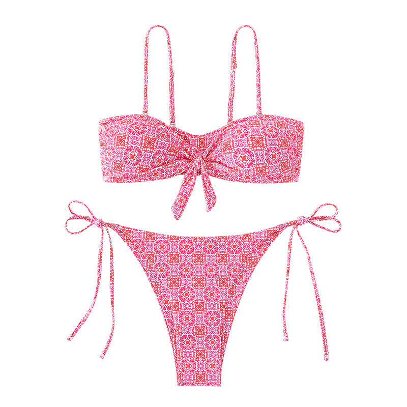 Damen Bandeau-Bikini mit dekorativem Knoten und verspielten BindR&Bändern R&B
