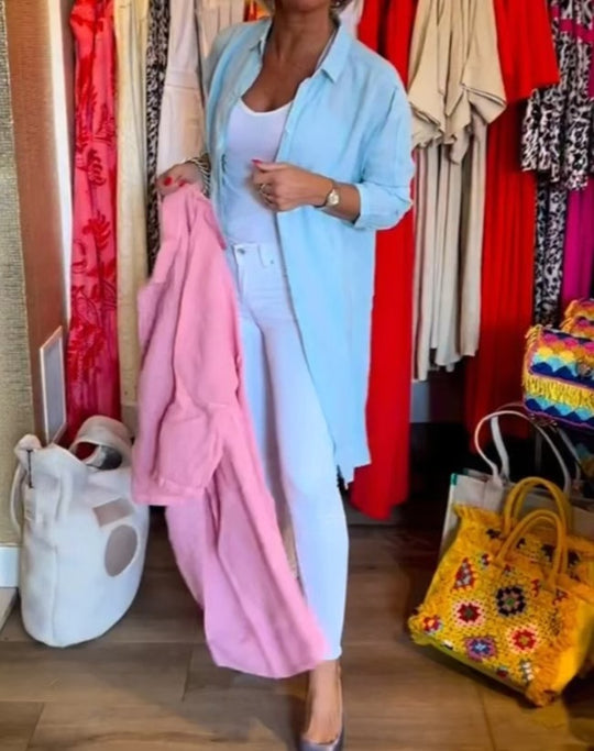 Damen nan offene Longbluse im Leinenmix mit Kentkragen, überschnittener Schulter und Seitenschlitzen R&B