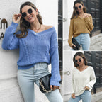 Damen Grobstrickpullover mit tiefem V-Ausschnitt und modernem Zopfmuster R&B