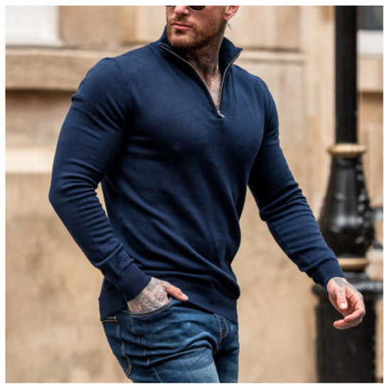 Herren Rollkragenpullover mit kurzem Reißverschluss und feiner Struktur R&B