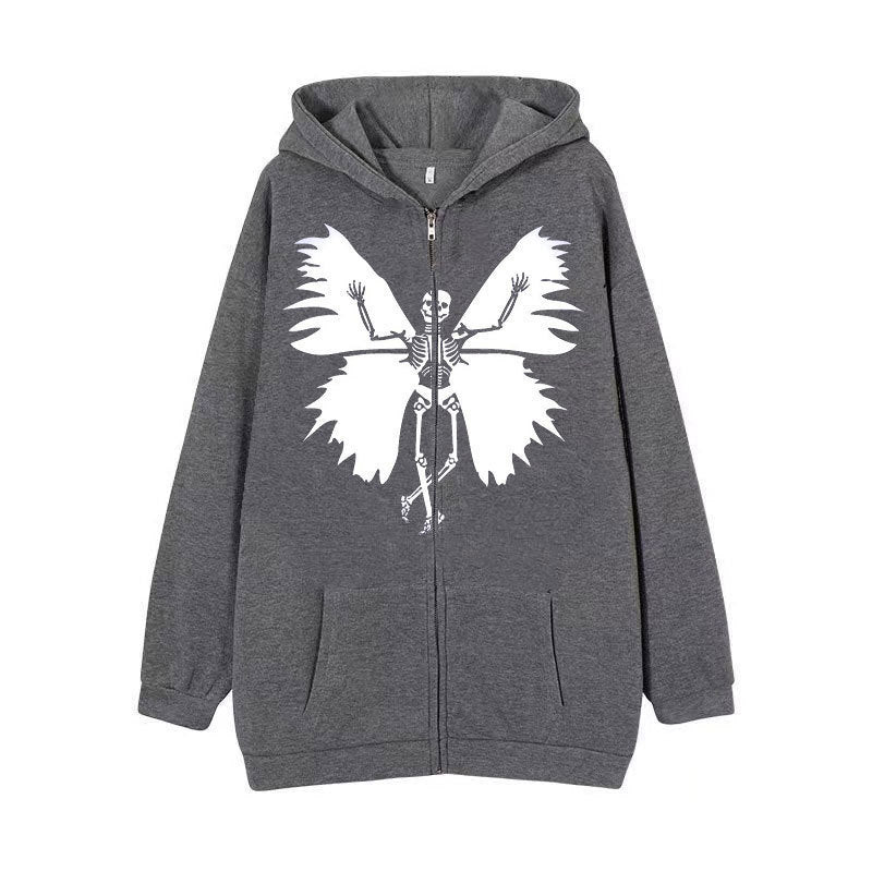Damen Zip-Hoodie mit einzigartigem Skelett- und Schmetterlingsmotiv