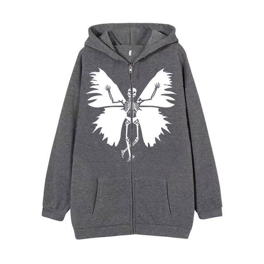 Damen Zip-Hoodie mit einzigartigem Skelett- und Schmetterlingsmotiv R&B