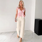 Damen Bluse mit romantischem Rosenmuster und zartem Bindegürtel R&B