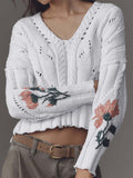 Damen Strickpullover mit floralem Design und V-Ausschnitt