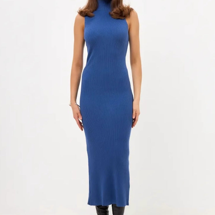 Damen Elegantes figurbetontes Maxikleid mit hochgeschlossenem Kragen und feiner Rippenstruktur R&B