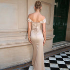 Damen Elegantes Maxikleid mit Off-Shoulder Schnitt und Raffungen R&B