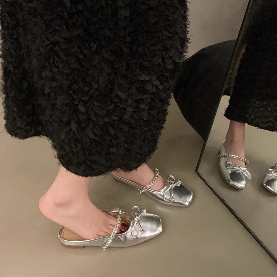 Damen elegante Ballerina-Slipper mit funkelndem Schleifenakzent und klassischer Form R&B