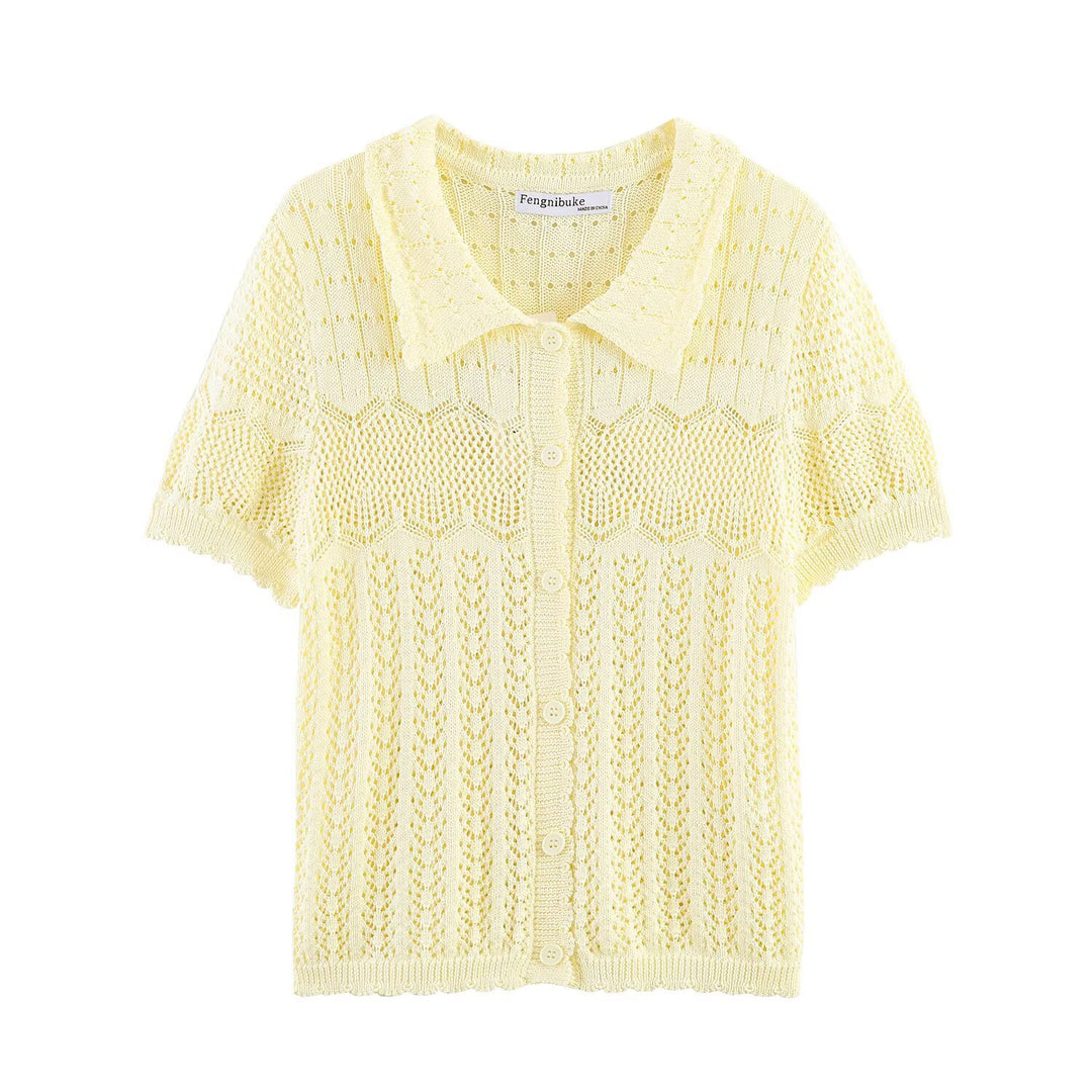 Damen Kurzarm Strickjacke mit feinem Lochmuster und klassischem Kragen R&B