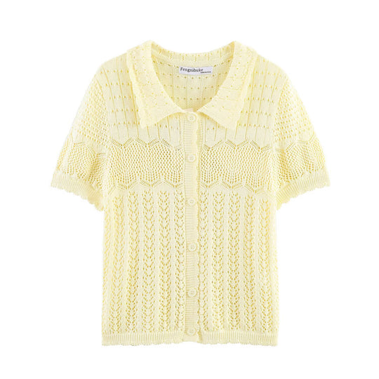 Damen Kurzarm Strickjacke mit feinem Lochmuster und klassischem Kragen R&B