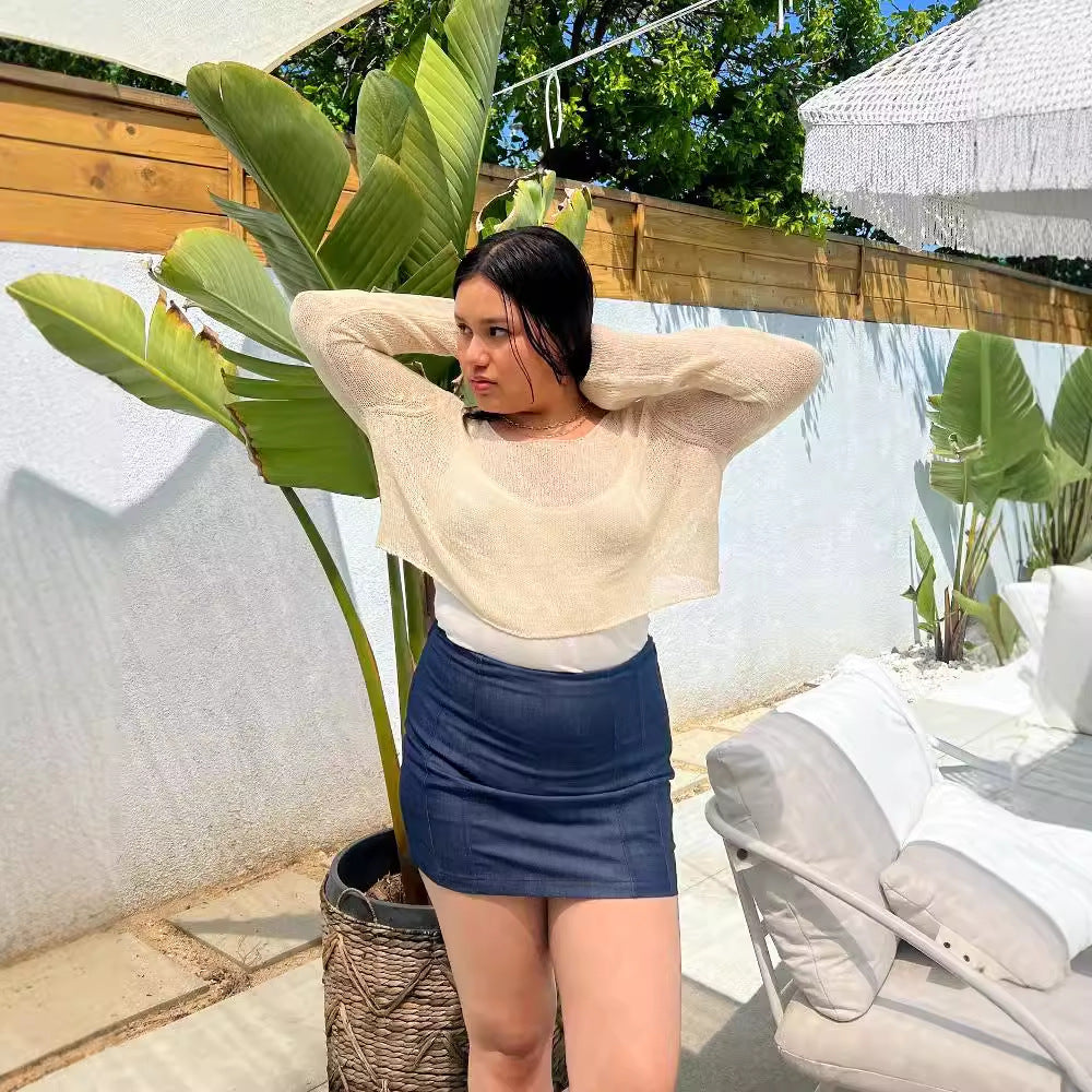 Damen luftiges Strickoberteil mit weitem Schnitt und eleganten Trompetenärmeln R&B