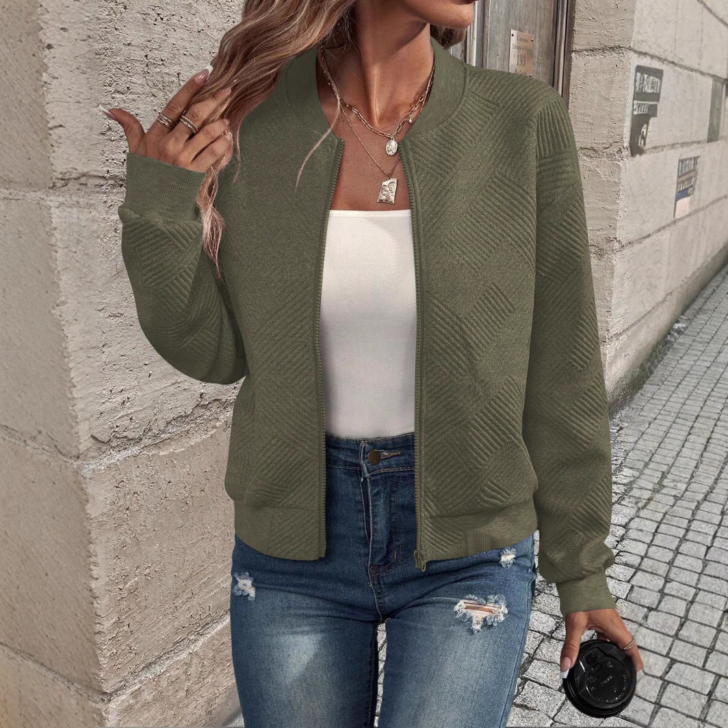 Damen stylische Sweatjacke mit strukturiertem Muster und hohem Kragen R&B