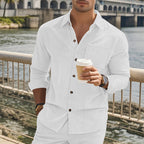 Herren gestreiftes Langarmshirt mit modischem Stehkragen und praktischer Brusttasche R&B