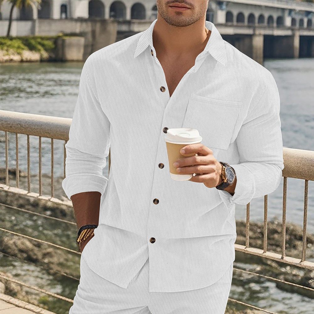 Herren gestreiftes Langarmshirt mit modischem Stehkragen und praktischer Brusttasche R&B