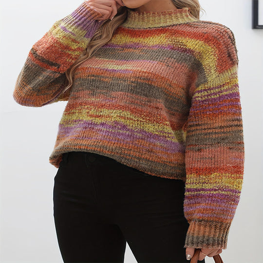 Damen Strickpullover mit buntem Wellenmuster und hohen Kragen R&B