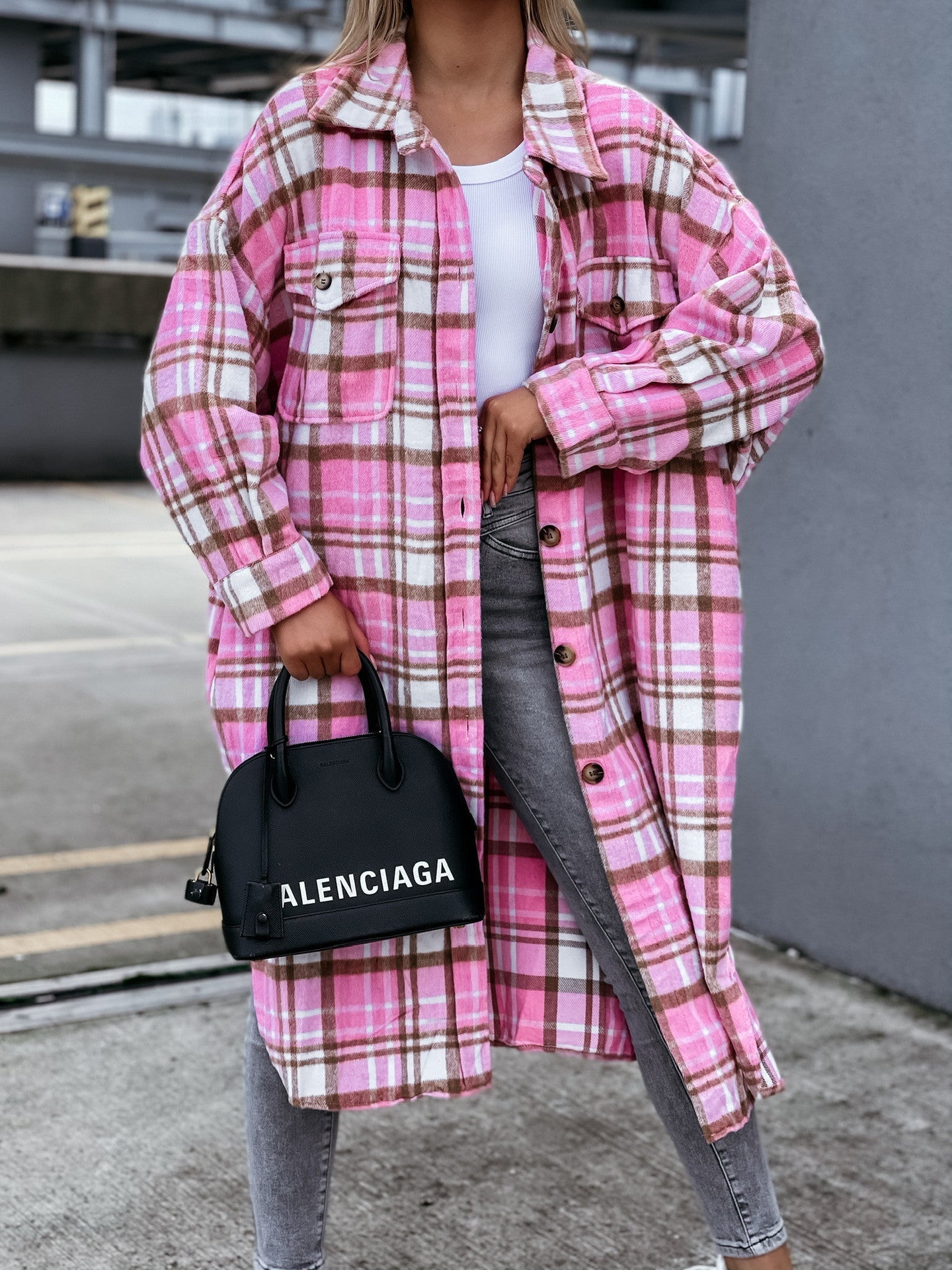 Damen lässige Karo-Hemdjacke mit asymmetrischem Schnitt und Taschen