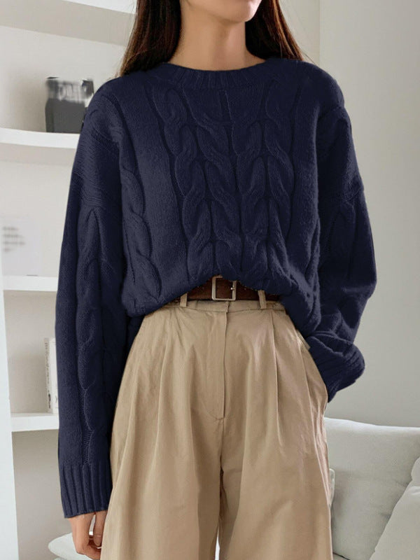 Damen Gemusterter Strickpullover mit voluminösen Ärmeln und Rundhalsausschnitt R&B