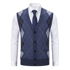 Herren nan ärmellose Strickweste mit Argyle-Muster, Teddyfutter und durchgehender Knopfleiste R&B
