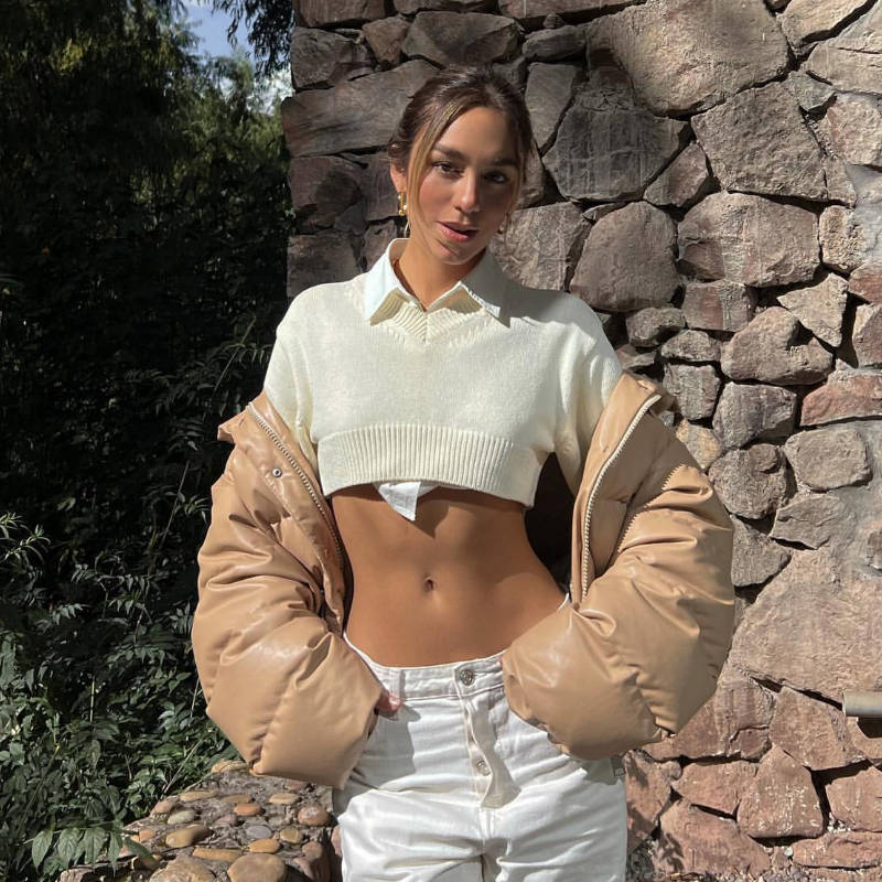 Damen Cropped Pullover mit V-Ausschnitt und langen Ärmeln R&B