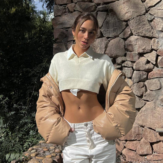 Damen Cropped Pullover mit V-Ausschnitt und langen Ärmeln R&B