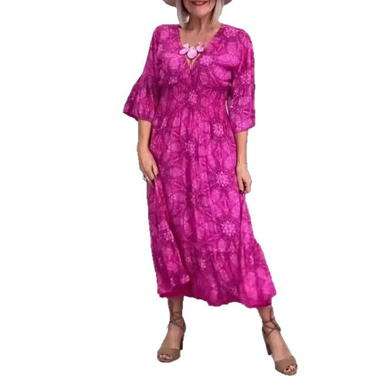 Damen nan fließendes Kaftan-Midikleid mit V-Ausschnitt, lockerer Silhouette, Stufenrock und dreiviertel-Ärmeln R&B