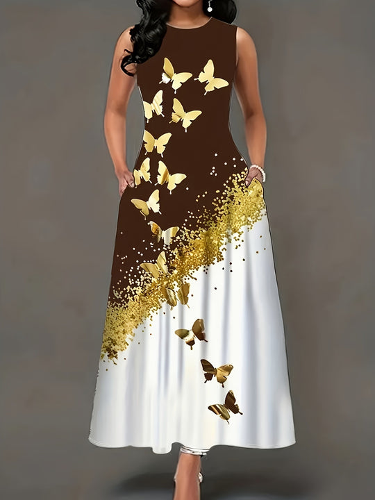 Damen Maxikleid mit buntem Schmetterlingsdruck und fließendem Saum R&B