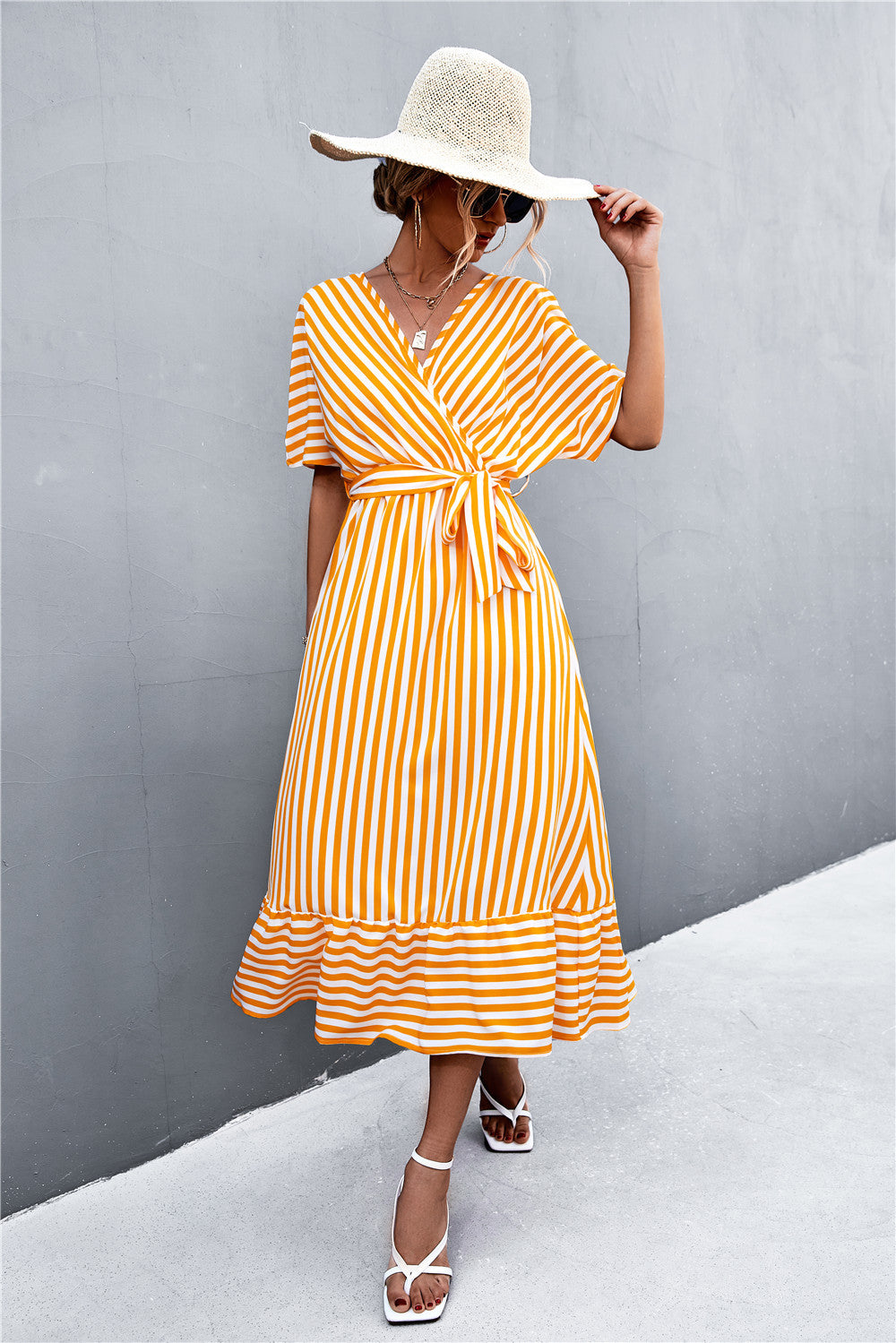 Damen Wickel-Kleid mit Streifenmuster und praktischen Bindegürtel R&B