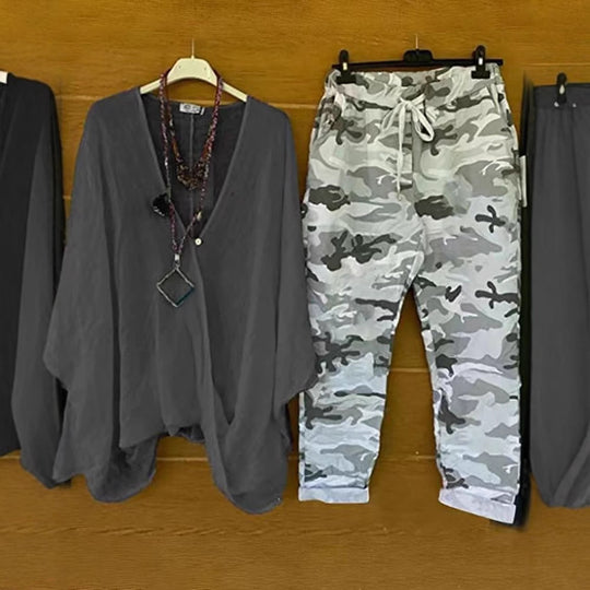 Damen nan Zweiteiler aus fließendem Kimono-Top und Camouflage-Jogginghose R&B