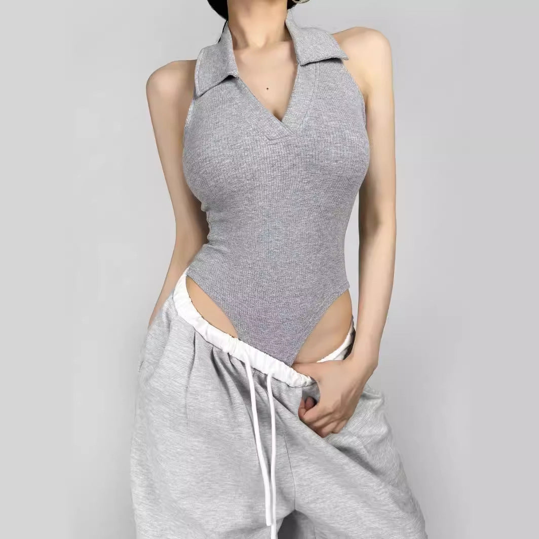 Damen figurbetontes Bodysuit mit modischem Kragen R&B
